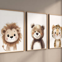 Safari Animal Nursery Prints – Beige Lion, Bear, and Tiger Wall Art for Baby Boy or Girl Room, Jungle Animal Decor Set of 3 Neutral Prints