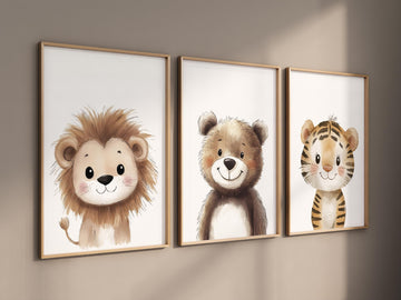 Safari Animal Nursery Prints – Beige Lion, Bear, and Tiger Wall Art for Baby Boy or Girl Room, Jungle Animal Decor Set of 3 Neutral Prints