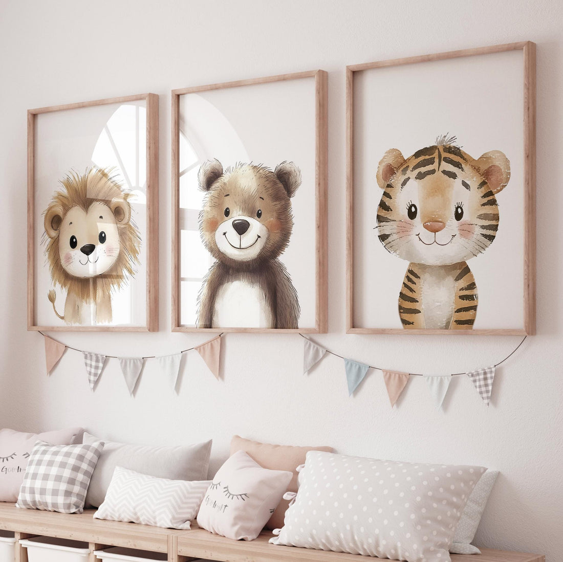 Safari Animal Nursery Prints – Beige Lion, Bear, and Tiger Wall Art for Baby Boy or Girl Room, Jungle Animal Decor Set of 3 Neutral Prints