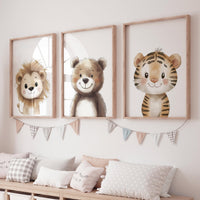 Safari Animal Nursery Prints – Beige Lion, Bear, and Tiger Wall Art for Baby Boy or Girl Room, Jungle Animal Decor Set of 3 Neutral Prints