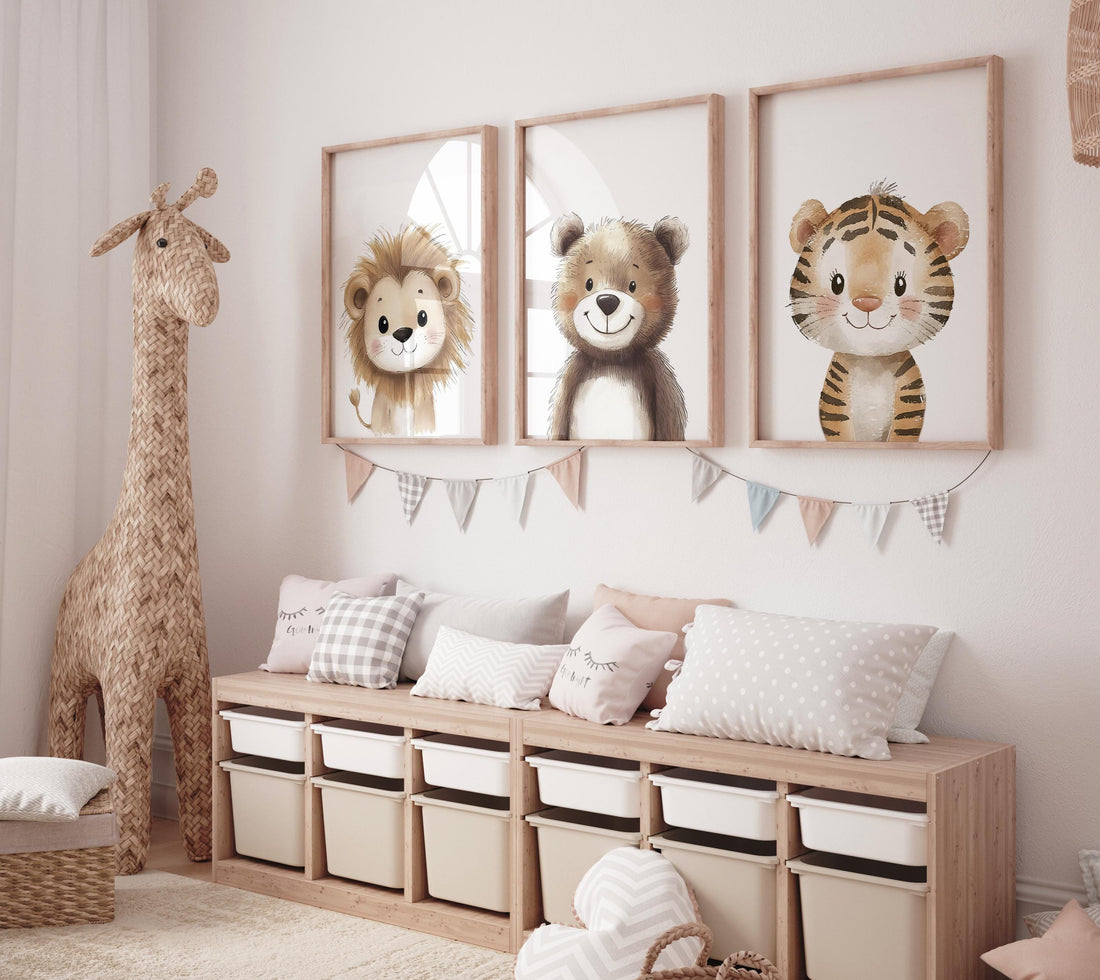 Safari Animal Nursery Prints – Beige Lion, Bear, and Tiger Wall Art for Baby Boy or Girl Room, Jungle Animal Decor Set of 3 Neutral Prints