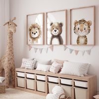 Safari Animal Nursery Prints – Beige Lion, Bear, and Tiger Wall Art for Baby Boy or Girl Room, Jungle Animal Decor Set of 3 Neutral Prints