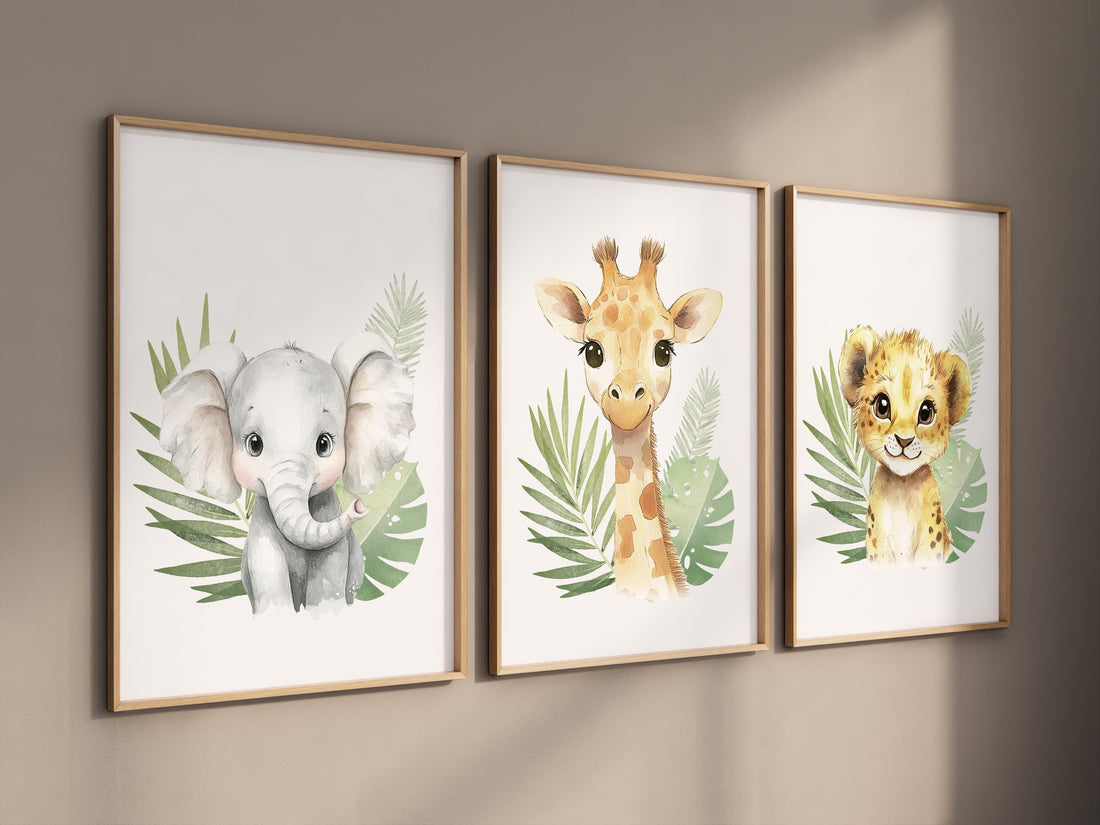 Safari Animal Nursery Wall Art – Jungle Baby Elephant, Lion, and Giraffe Prints – Neutral Safari Decor for Boys or Girls (Set of 3)