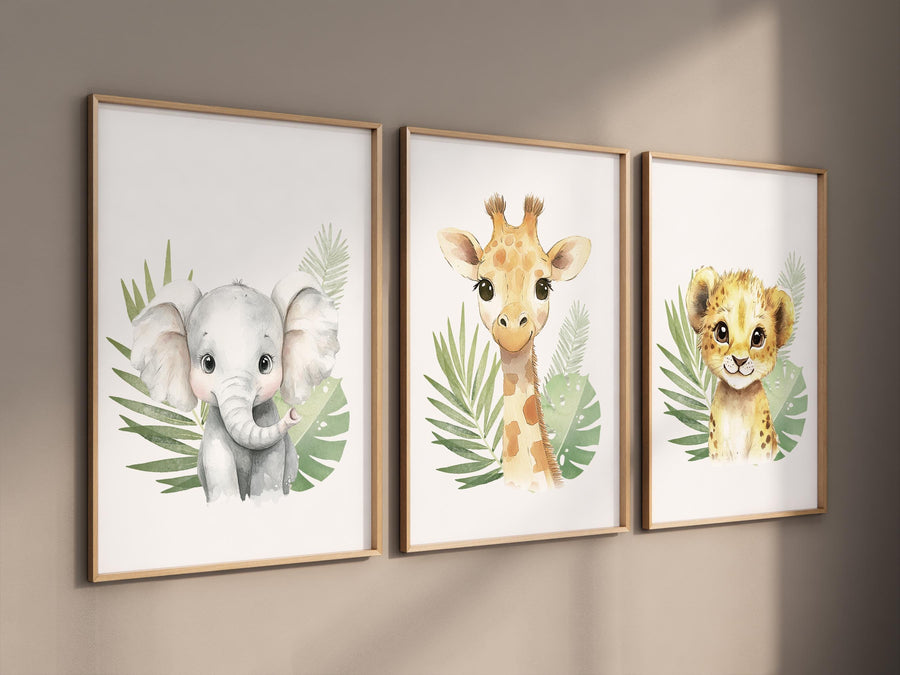 Safari Animal Nursery Wall Art – Jungle Baby Elephant, Lion, and Giraffe Prints – Neutral Safari Decor for Boys or Girls (Set of 3)