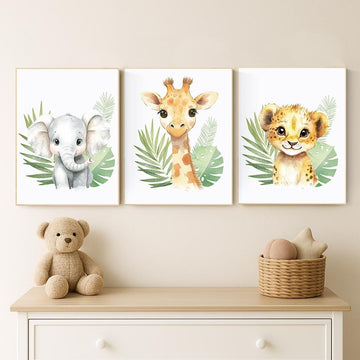 Safari Animal Nursery Wall Art – Jungle Baby Elephant, Lion, and Giraffe Prints – Neutral Safari Decor for Boys or Girls (Set of 3)