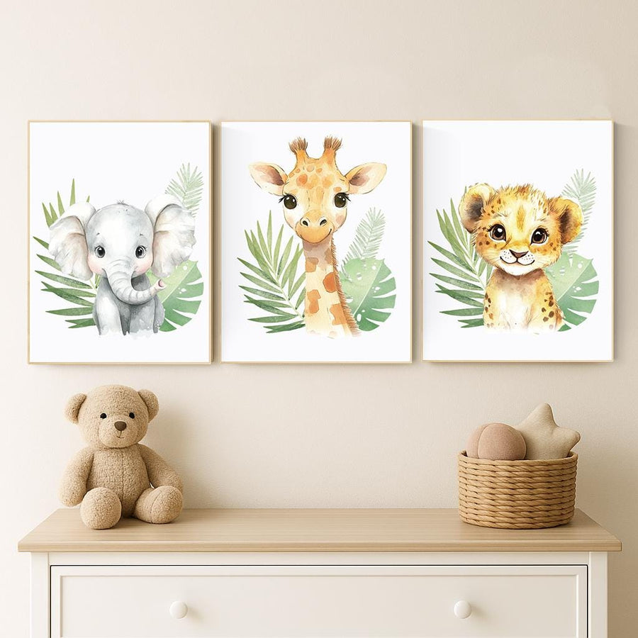 Safari Animal Nursery Wall Art – Jungle Baby Elephant, Lion, and Giraffe Prints – Neutral Safari Decor for Boys or Girls (Set of 3)
