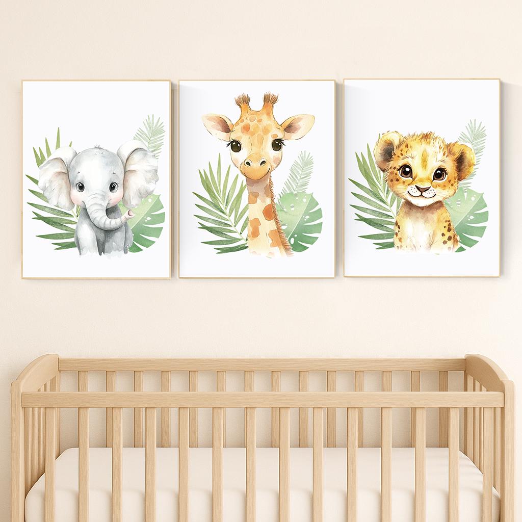 Safari Animal Nursery Wall Art – Jungle Baby Elephant, Lion, and Giraffe Prints – Neutral Safari Decor for Boys or Girls (Set of 3)