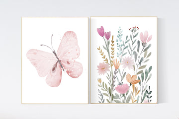 Blush Butterfly Nursery Art Prints: Watercolor Floral Wall Decor, Set of 2
