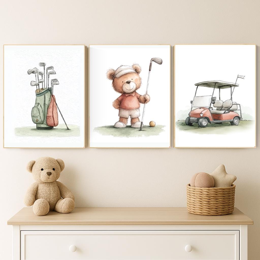 Golf Nursery Print: Teddy Bear Golfer, Safari Animals
