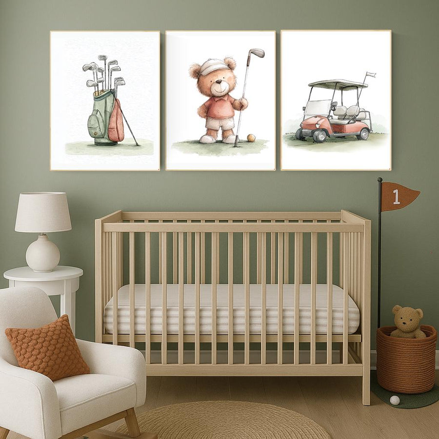 Golf Nursery Print: Teddy Bear Golfer, Safari Animals