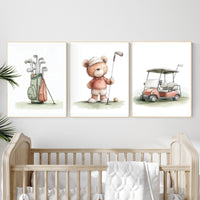 Golf Nursery Print: Teddy Bear Golfer, Safari Animals