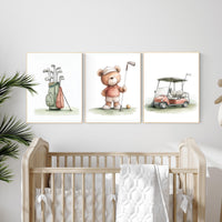 Golf Nursery Print: Teddy Bear Golfer, Safari Animals