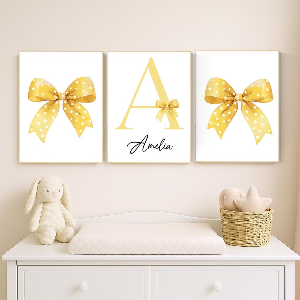 Personalized Yellow Bow Nursery Art: Baby Girl Room Decor Print