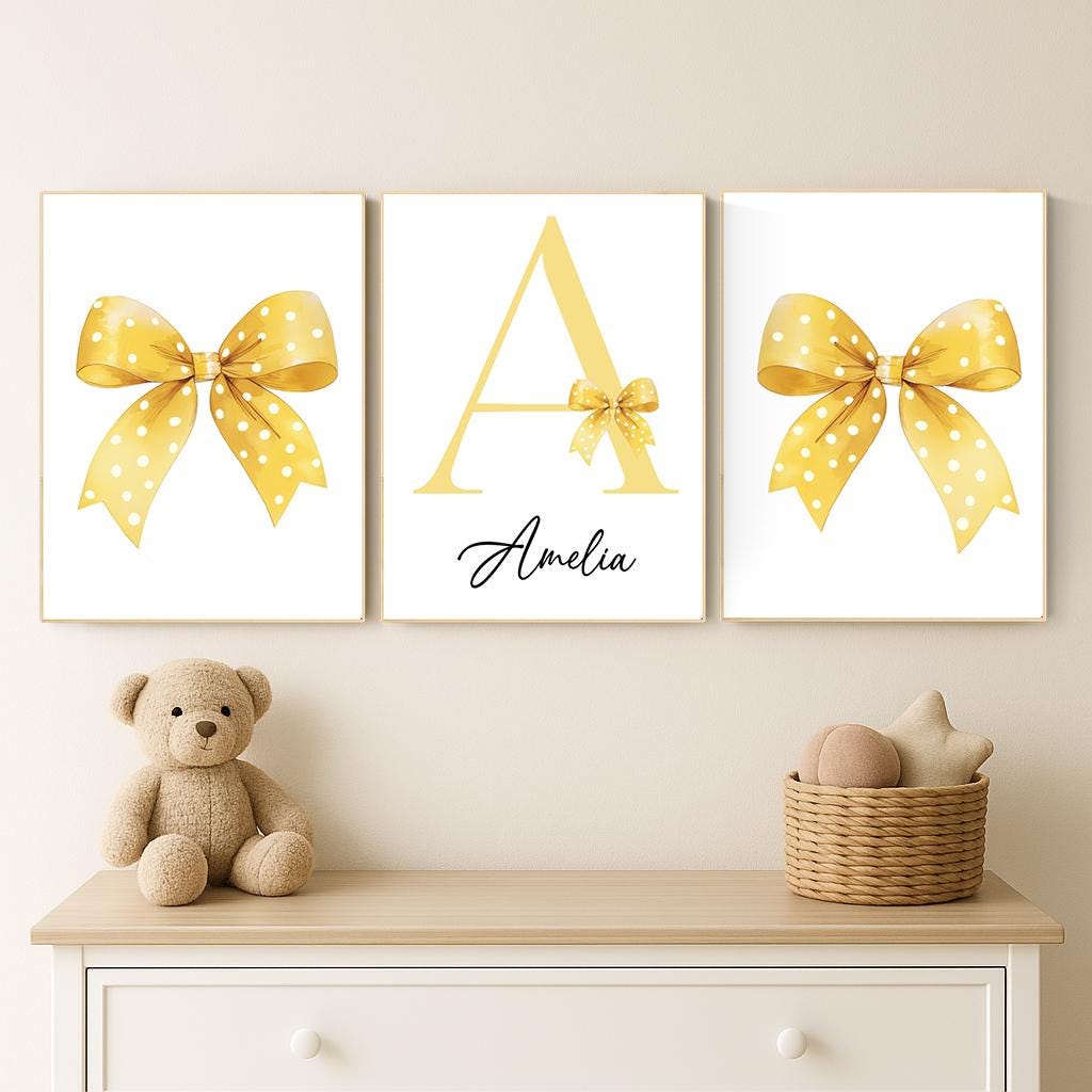 Personalized Yellow Bow Nursery Art: Baby Girl Room Decor Print