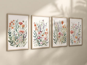 Bright Floral Wall Art Set of 4 – Watercolor Wildflower Prints, Colorful Botanical Wall Decor, Boho Art for Bedroom, Entryway, nursery print