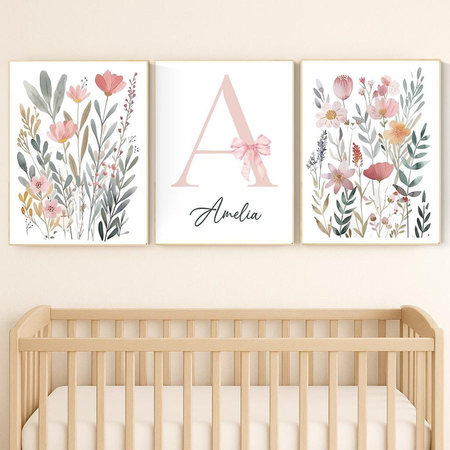 Personalized Floral Nursery Art Set: Baby Girl Room Decor with Pink Bow