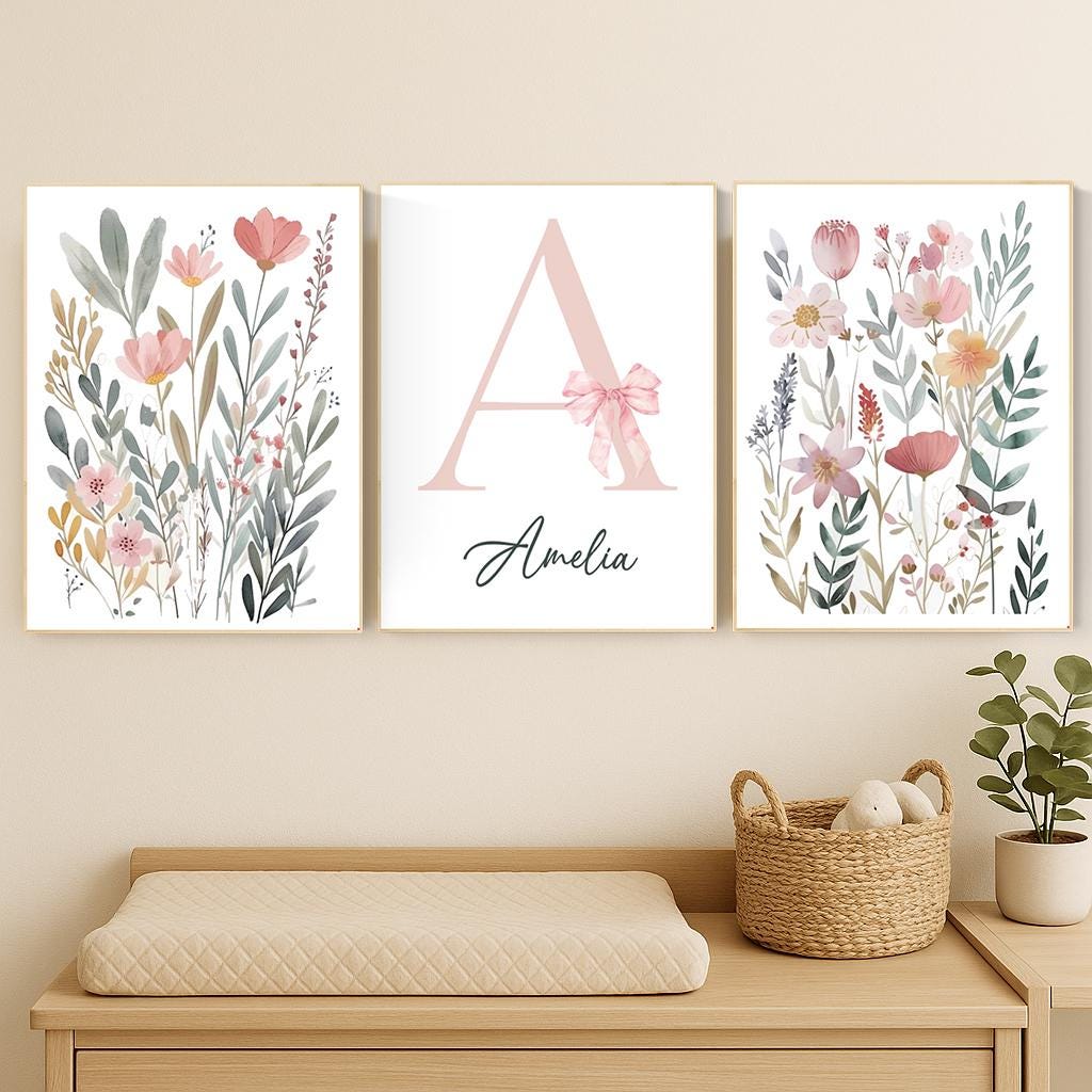 Personalized Floral Nursery Art Set: Baby Girl Room Decor with Pink Bow