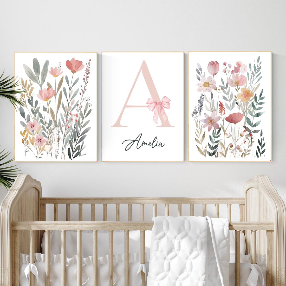 Personalized Floral Nursery Art Set: Baby Girl Room Decor with Pink Bow
