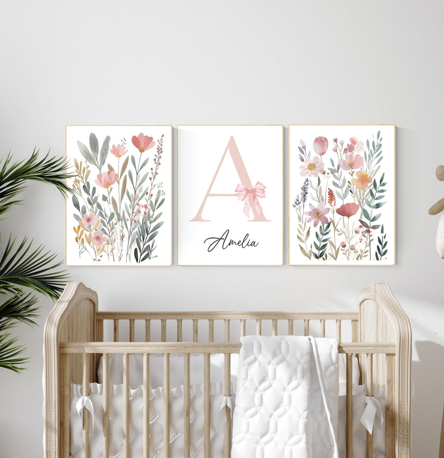 Personalized Floral Nursery Art Set: Baby Girl Room Decor with Pink Bow