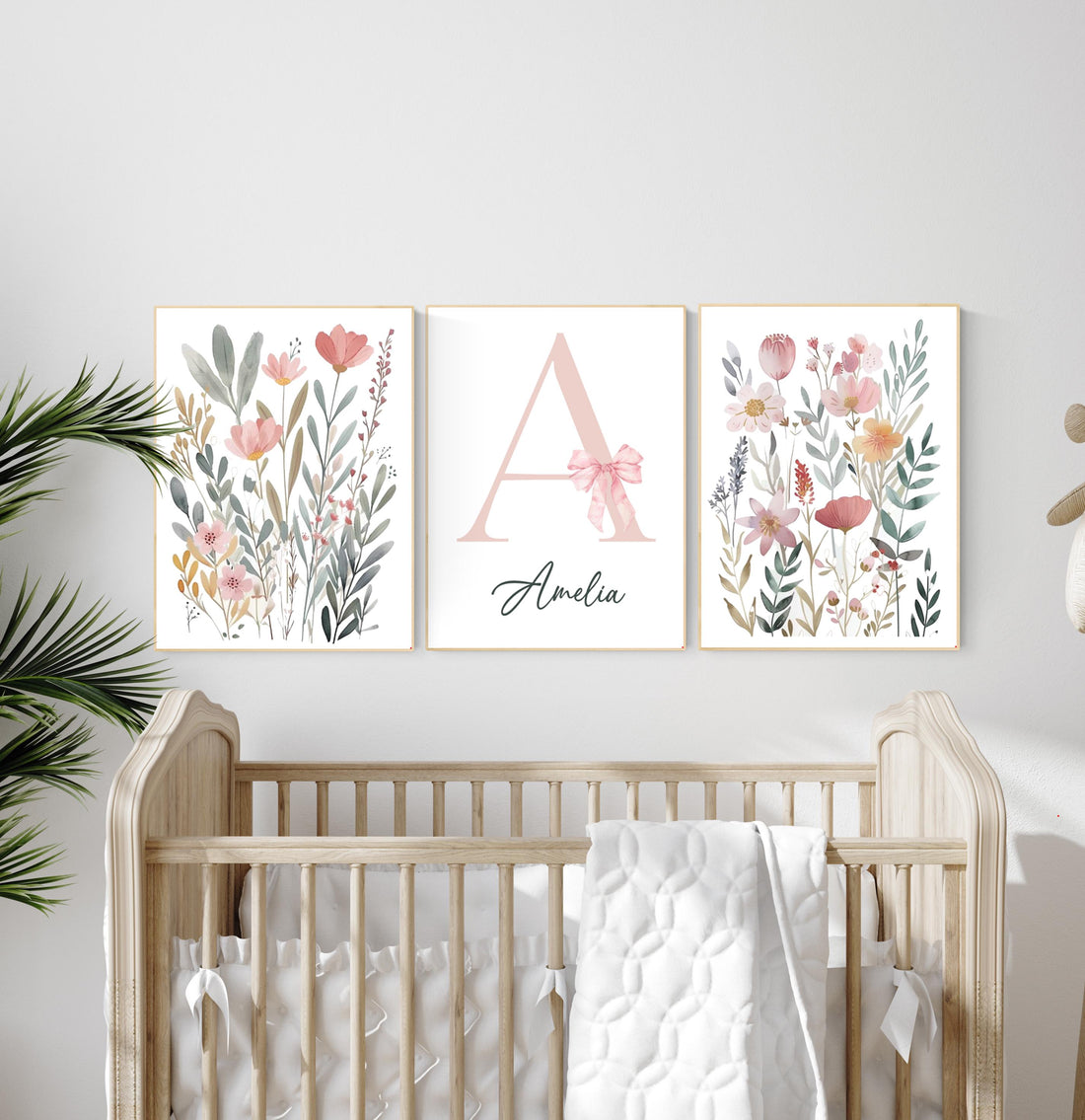 Personalized Floral Nursery Art Set: Baby Girl Room Decor with Pink Bow