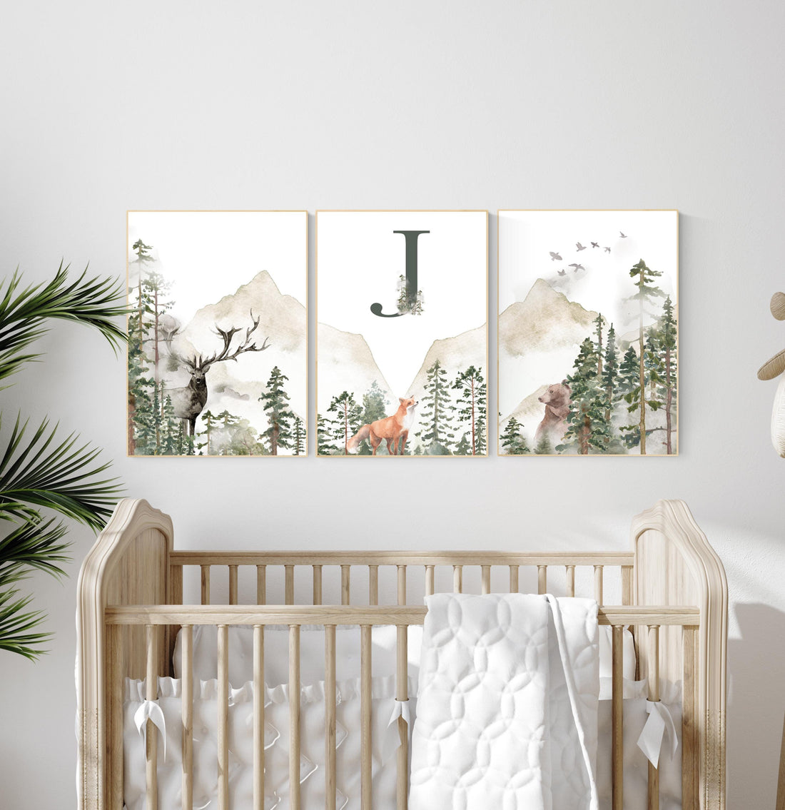 Nursery decor woodland, mountain wall art, tree nursery decor, adventure theme nursery, forest, sage green, beige, woodland animals