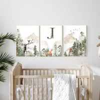 Nursery decor woodland, mountain wall art, tree nursery decor, adventure theme nursery, forest, sage green, beige, woodland animals