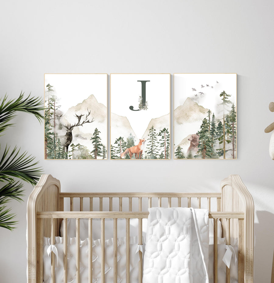 Nursery decor woodland, mountain wall art, tree nursery decor, adventure theme nursery, forest, sage green, beige, woodland animals