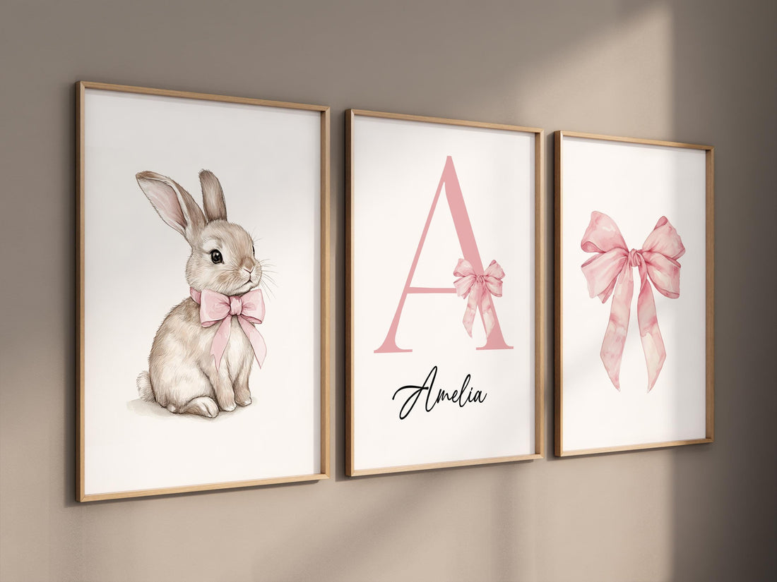 Bunny Name Nursery Wall Art Set - Pink Bow Baby Girl Room Decor - Personalized Initial Print for Nursery