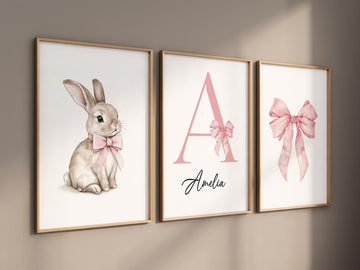Bunny Name Nursery Wall Art Set - Pink Bow Baby Girl Room Decor - Personalized Initial Print for Nursery