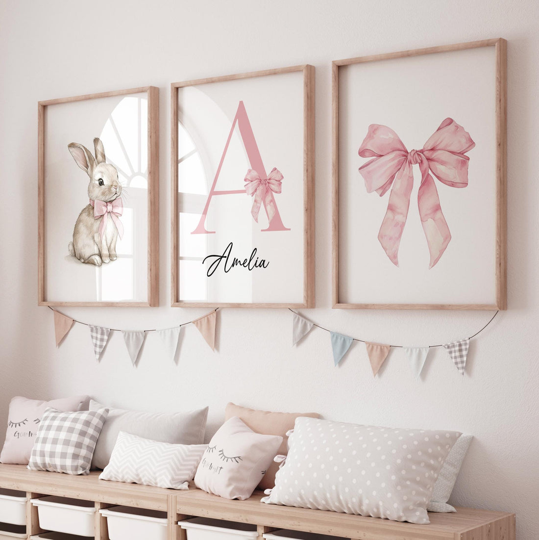 Bunny Name Nursery Wall Art Set - Pink Bow Baby Girl Room Decor - Personalized Initial Print for Nursery