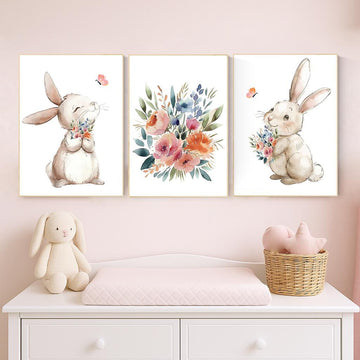 Bunny Nursery Wall Art – Set of 3 Prints with Rabbits and Flowers, Watercolor Baby Girl Room Decor, Spring Pastel Animal Posters
