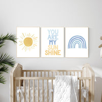 Nursery prints rainbow, mustard yellow and blue, nursery wall decor, rainbow nursery, you are my sunshine, nursery decor neutral, sunshine