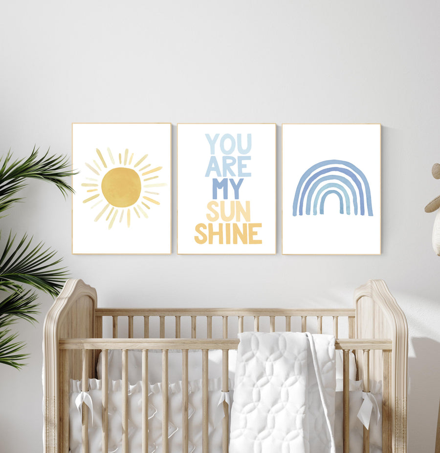 Nursery prints rainbow, mustard yellow and blue, nursery wall decor, rainbow nursery, you are my sunshine, nursery decor neutral, sunshine