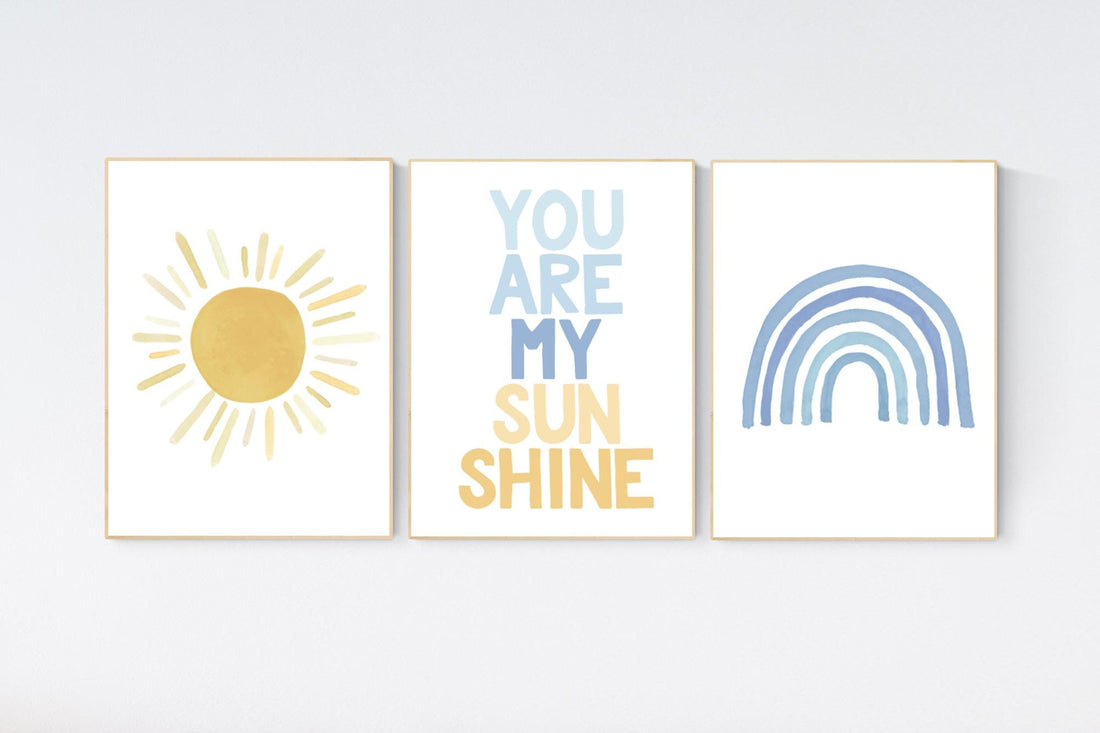 Nursery prints rainbow, mustard yellow and blue, nursery wall decor, rainbow nursery, you are my sunshine, nursery decor neutral, sunshine
