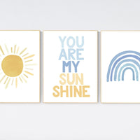 Nursery prints rainbow, mustard yellow and blue, nursery wall decor, rainbow nursery, you are my sunshine, nursery decor neutral, sunshine