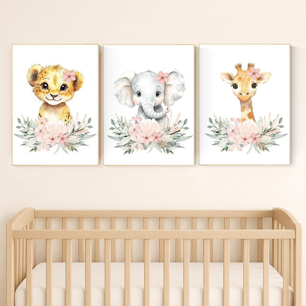 Safari Nursery Prints: Blush Pink Lion, Elephant, Giraffe Wall Art