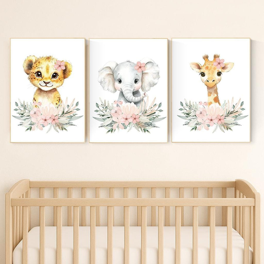 Safari Nursery Prints: Blush Pink Lion, Elephant, Giraffe Wall Art