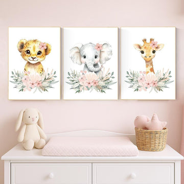 Safari Nursery Prints: Blush Pink Lion, Elephant, Giraffe Wall Art