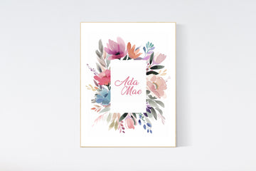 Personalized Name Print – Floral Watercolor Nursery Wall Art | Custom Baby Girl Room Decor |