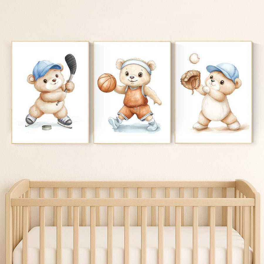 Sports Bear Nursery Wall Art Set | Hockey Basketball Baseball Prints | Boy Room Decor | Sport-Themed Baby Room Art | Kids Wall Decor
