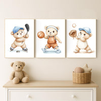 Sports Bear Nursery Wall Art Set | Hockey Basketball Baseball Prints | Boy Room Decor | Sport-Themed Baby Room Art | Kids Wall Decor