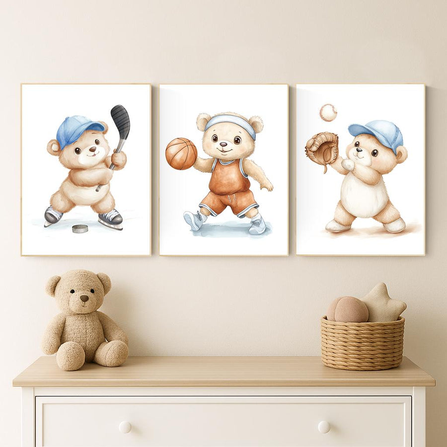 Sports Bear Nursery Wall Art Set | Hockey Basketball Baseball Prints | Boy Room Decor | Sport-Themed Baby Room Art | Kids Wall Decor
