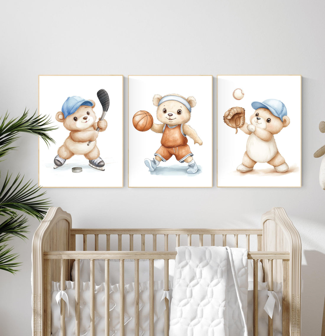 Sports Bear Nursery Wall Art Set | Hockey Basketball Baseball Prints | Boy Room Decor | Sport-Themed Baby Room Art | Kids Wall Decor