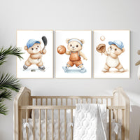 Sports Bear Nursery Wall Art Set | Hockey Basketball Baseball Prints | Boy Room Decor | Sport-Themed Baby Room Art | Kids Wall Decor