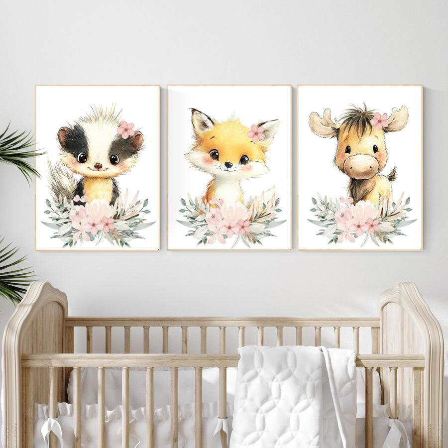 Floral Woodland Nursery Prints: Fox, Skunk, Moose - Baby Girl Decor