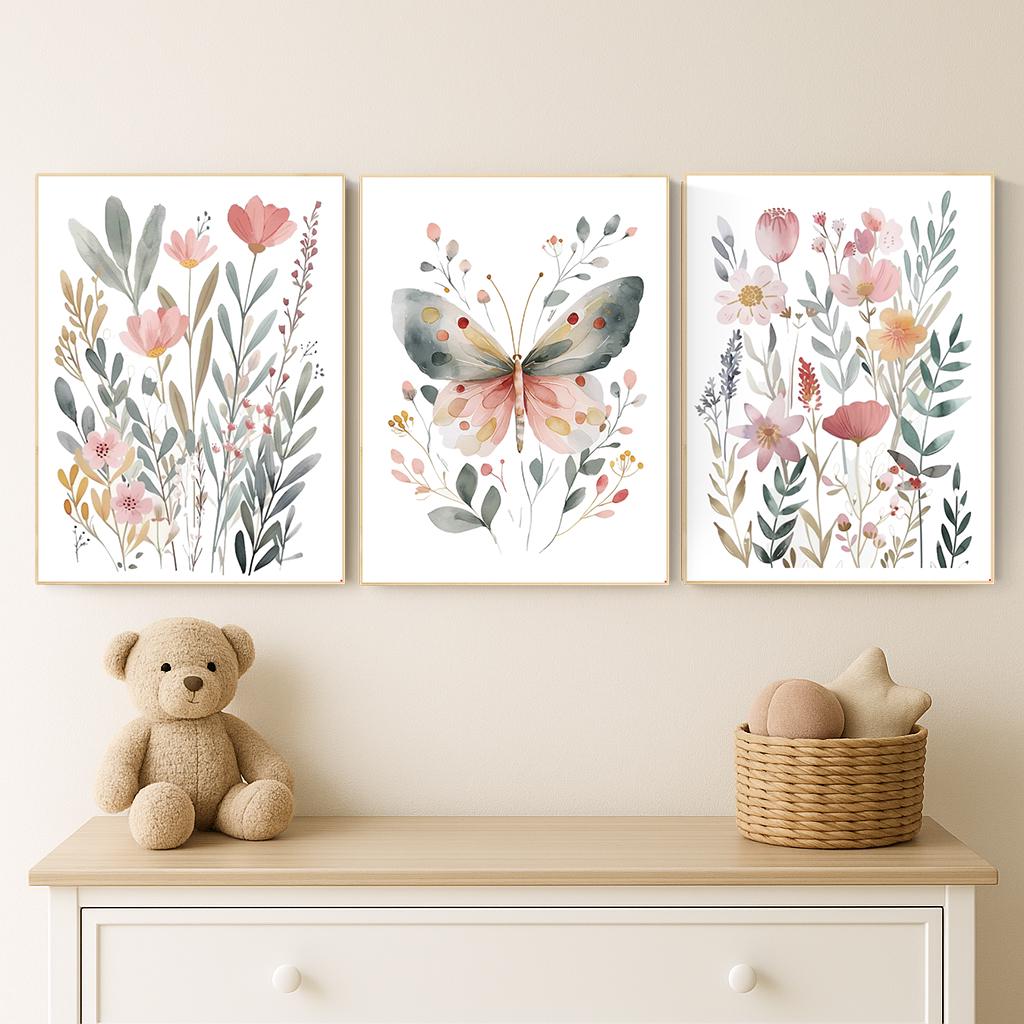 Watercolor Butterfly Floral Print: Pastel Nursery Wall Art