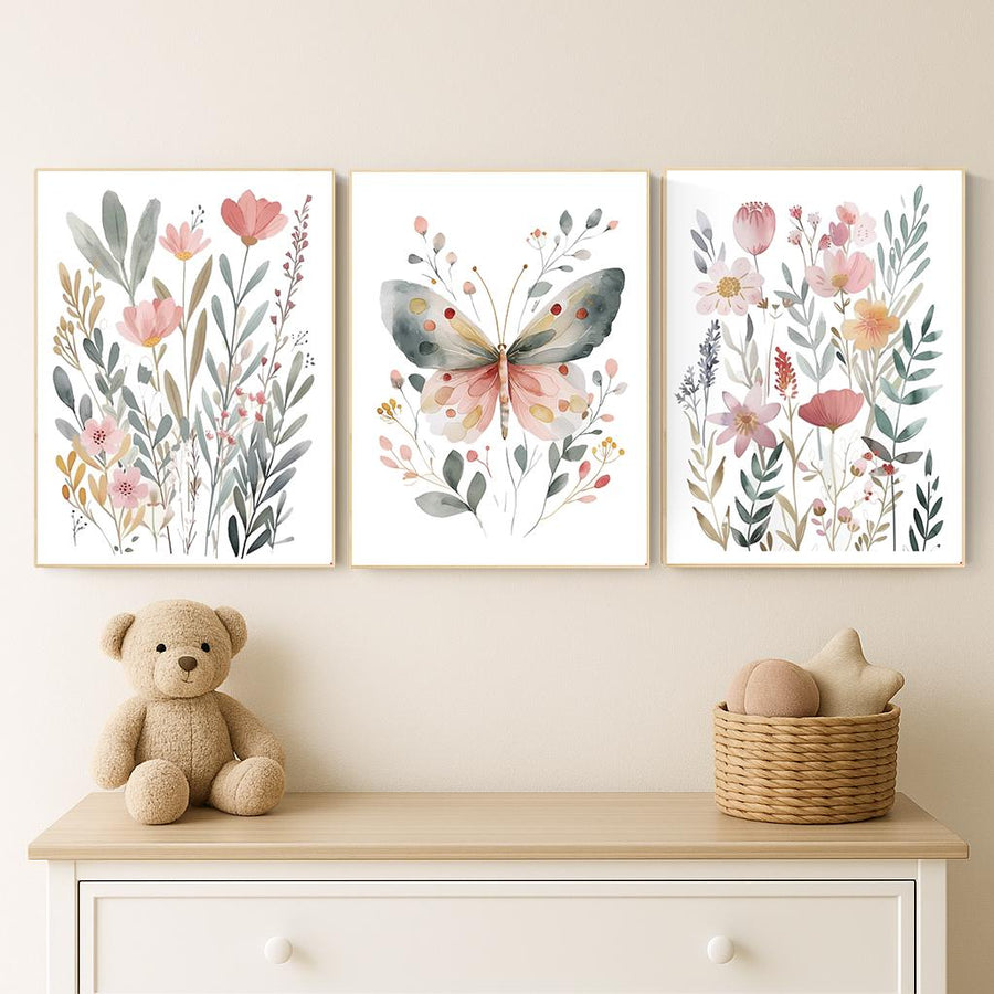 Watercolor Butterfly Floral Print: Pastel Nursery Wall Art