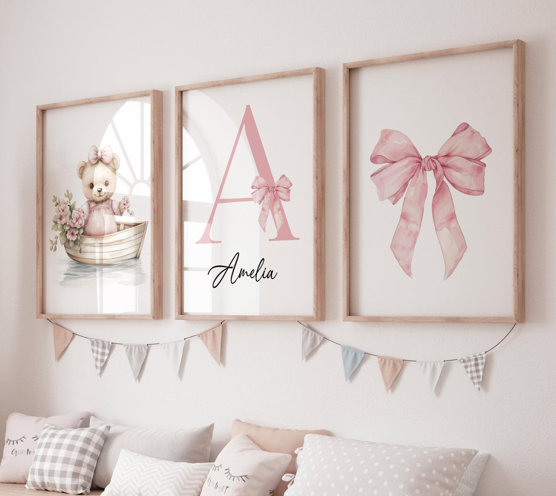 Personalized Baby Girl Nursery Art: Floral Bear in Boat Print
