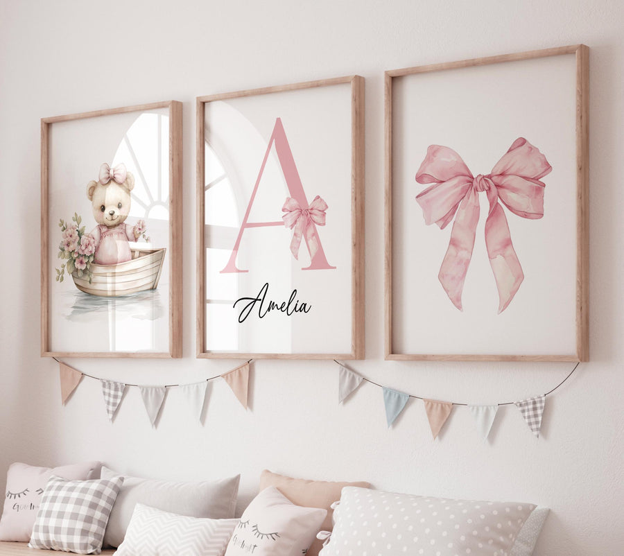 Personalized Baby Girl Nursery Art: Floral Bear in Boat Print