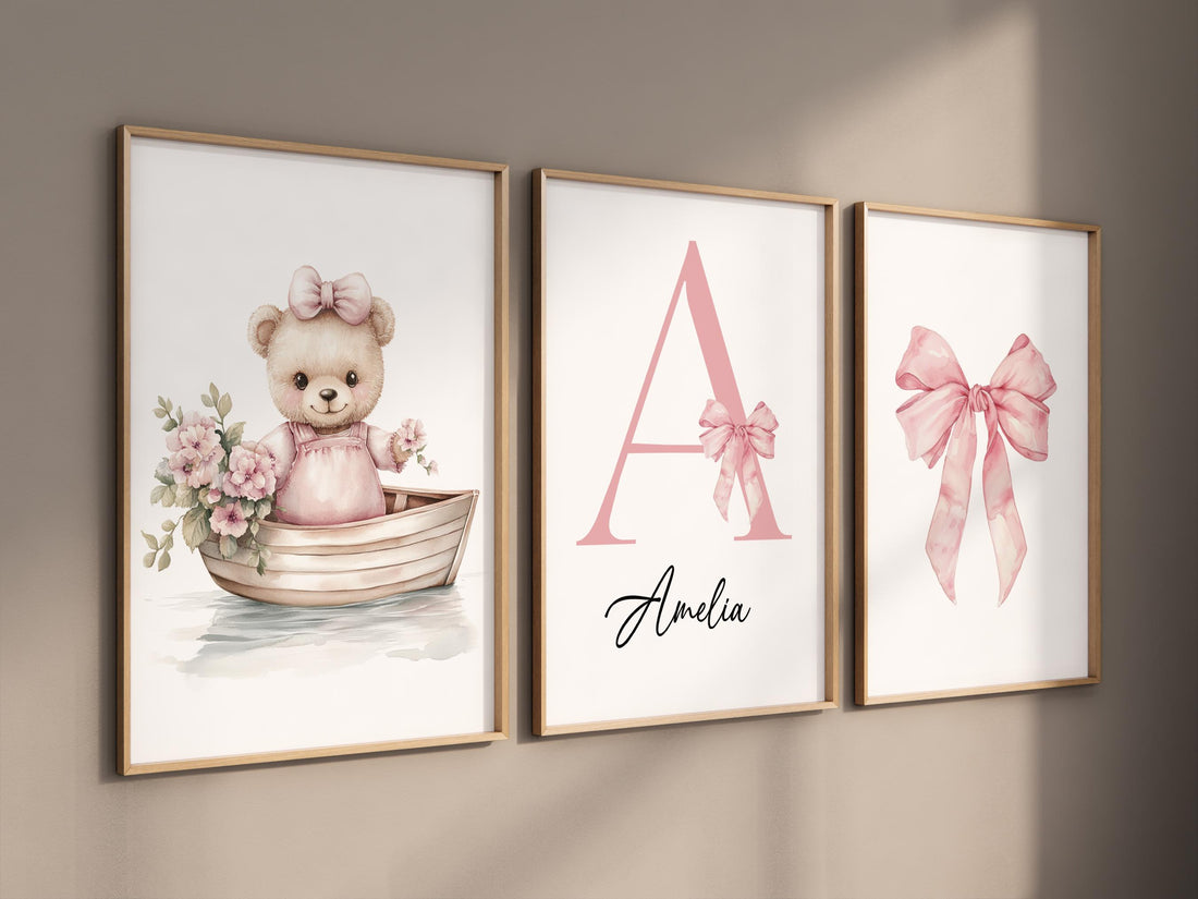 Personalized Baby Girl Nursery Art: Floral Bear in Boat Print
